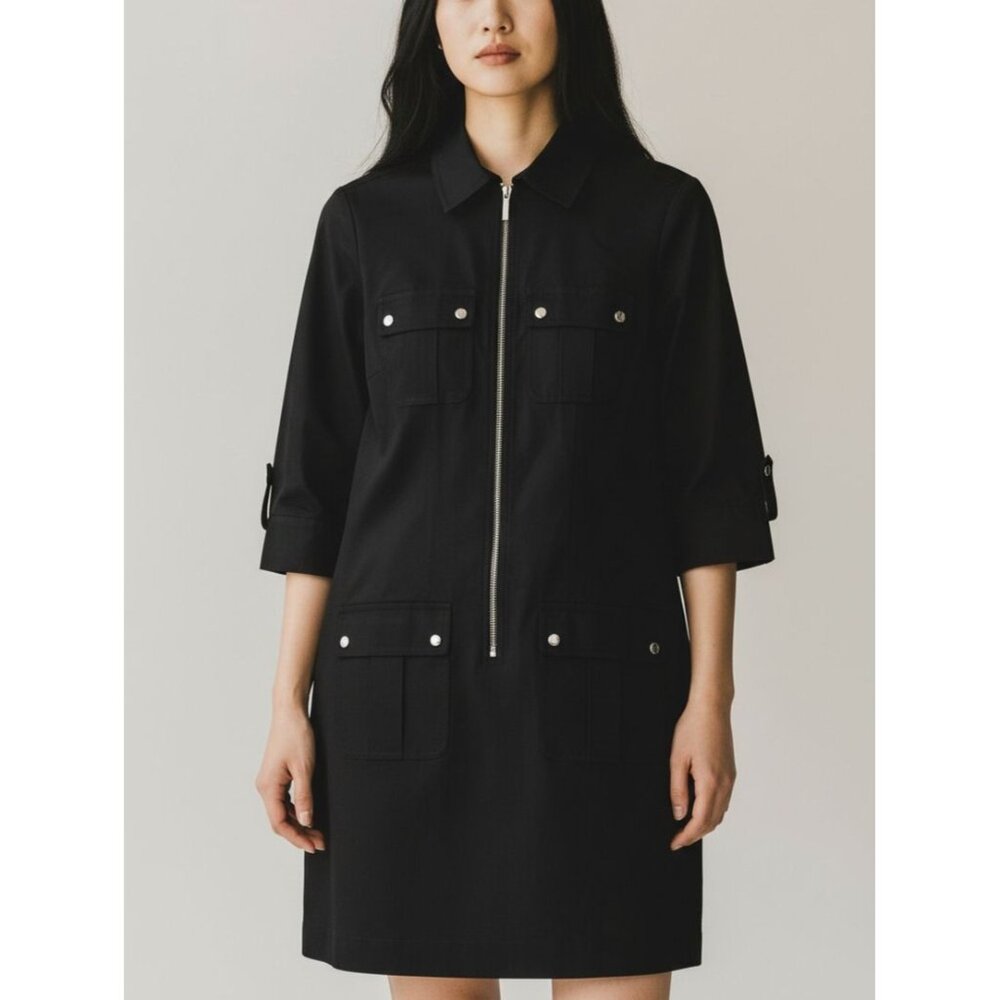 Michael Michael Kors Black Zip-Front Utility Dress With 3/4 Sleeves P/S